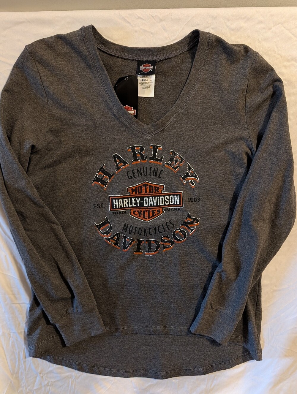 Harley-Davidson Women's Charcoal Gray V-Neck Long Sleeve Top Size XL NWT